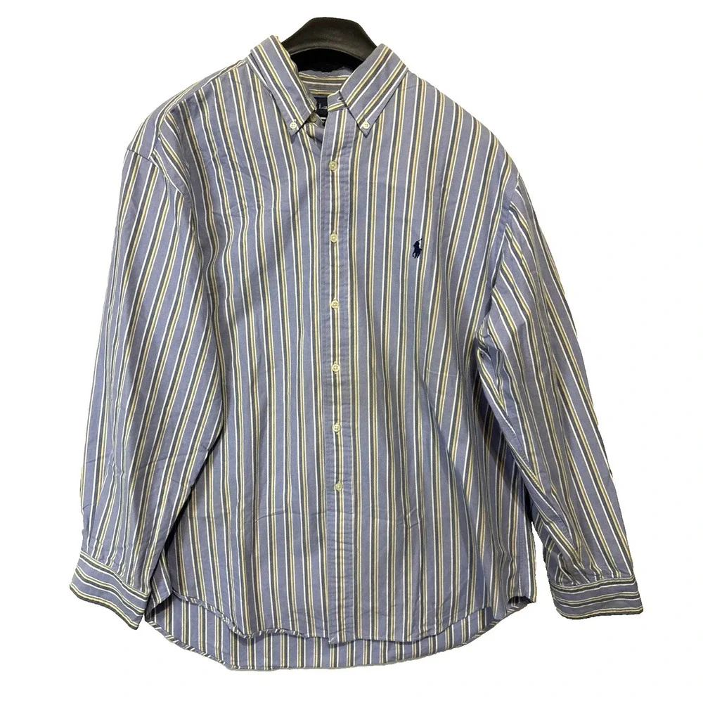 Polo Ralph Lauren Shirt Men 17 1/2 34/35‎ Blue Yellow Striped Button Down Preppy